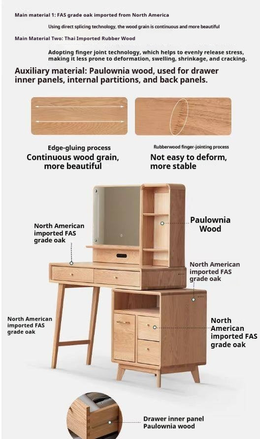 Oak, Rubberwood Solid Wood Vanity Table Telescopic.
