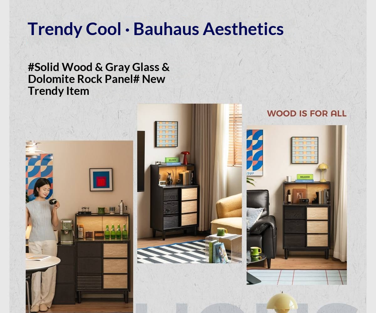 Oak Solid Wood Bauhaus Style Bar Cabinet with Sliding Doors