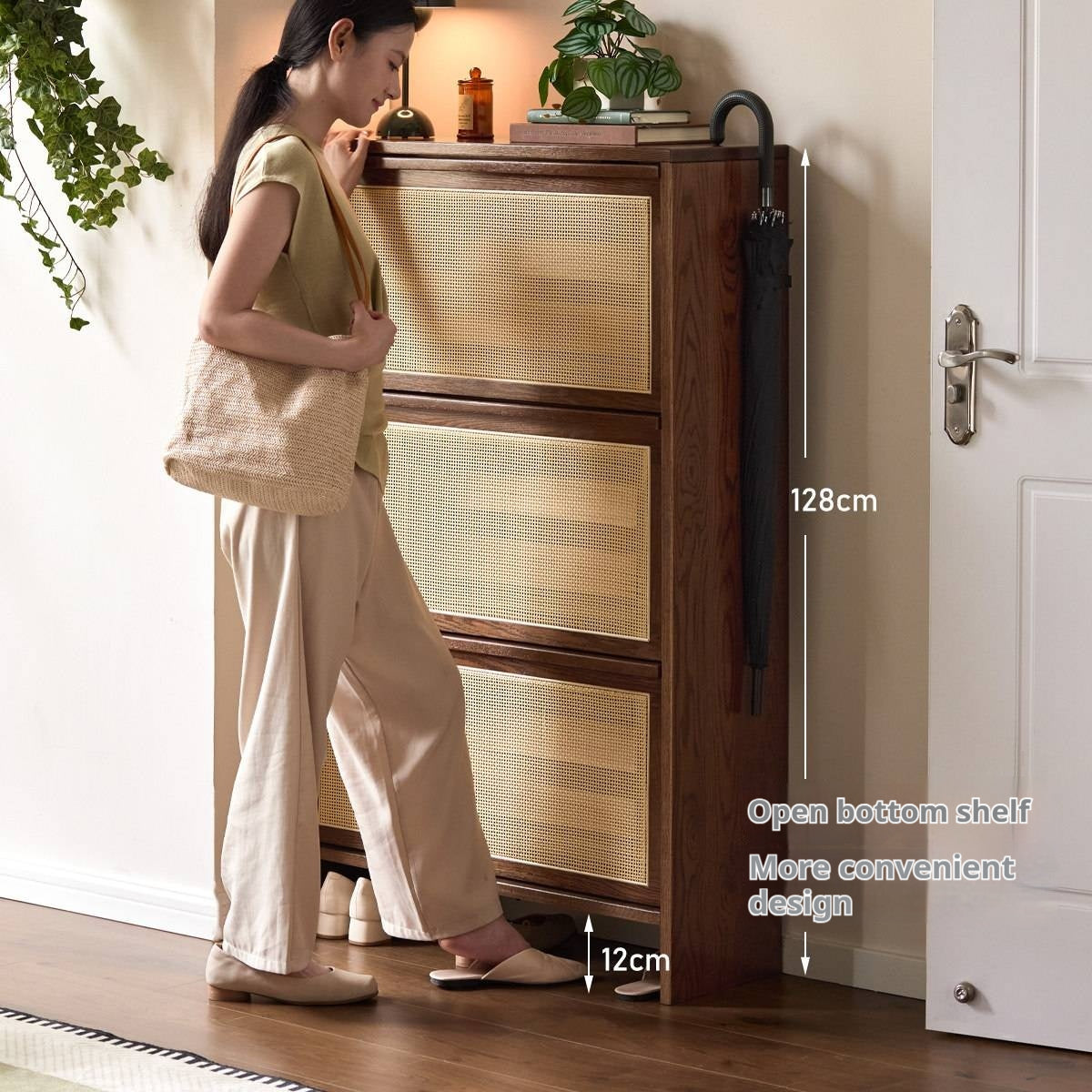 Oak Solid Wood Slim Entryway Shoe Cabinet with Rattan Flip-Down Doors
