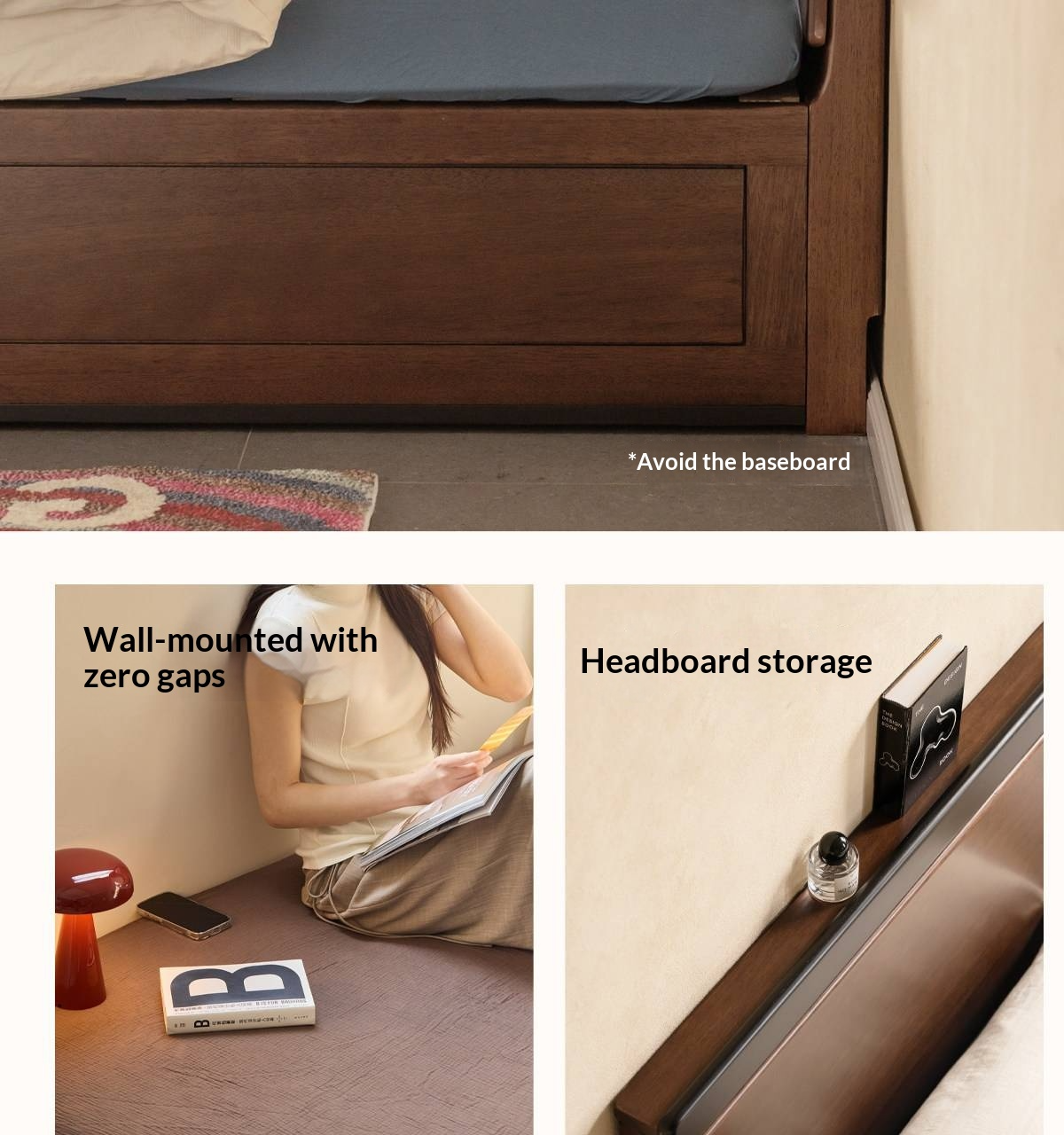 Golden Rosewood Solid Wood Bauhaus Storage Bed with Full Lift-Up Storage Box and Color-Block Headboard