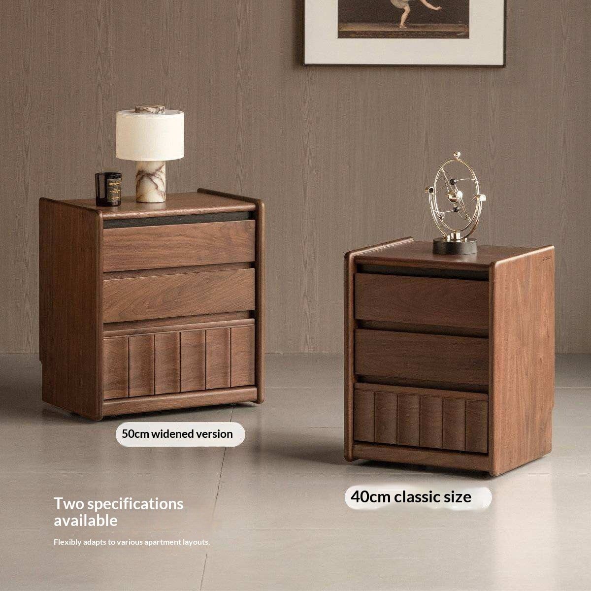 Black Walnut Solid Wood Nightstand Italian Style with Wheels