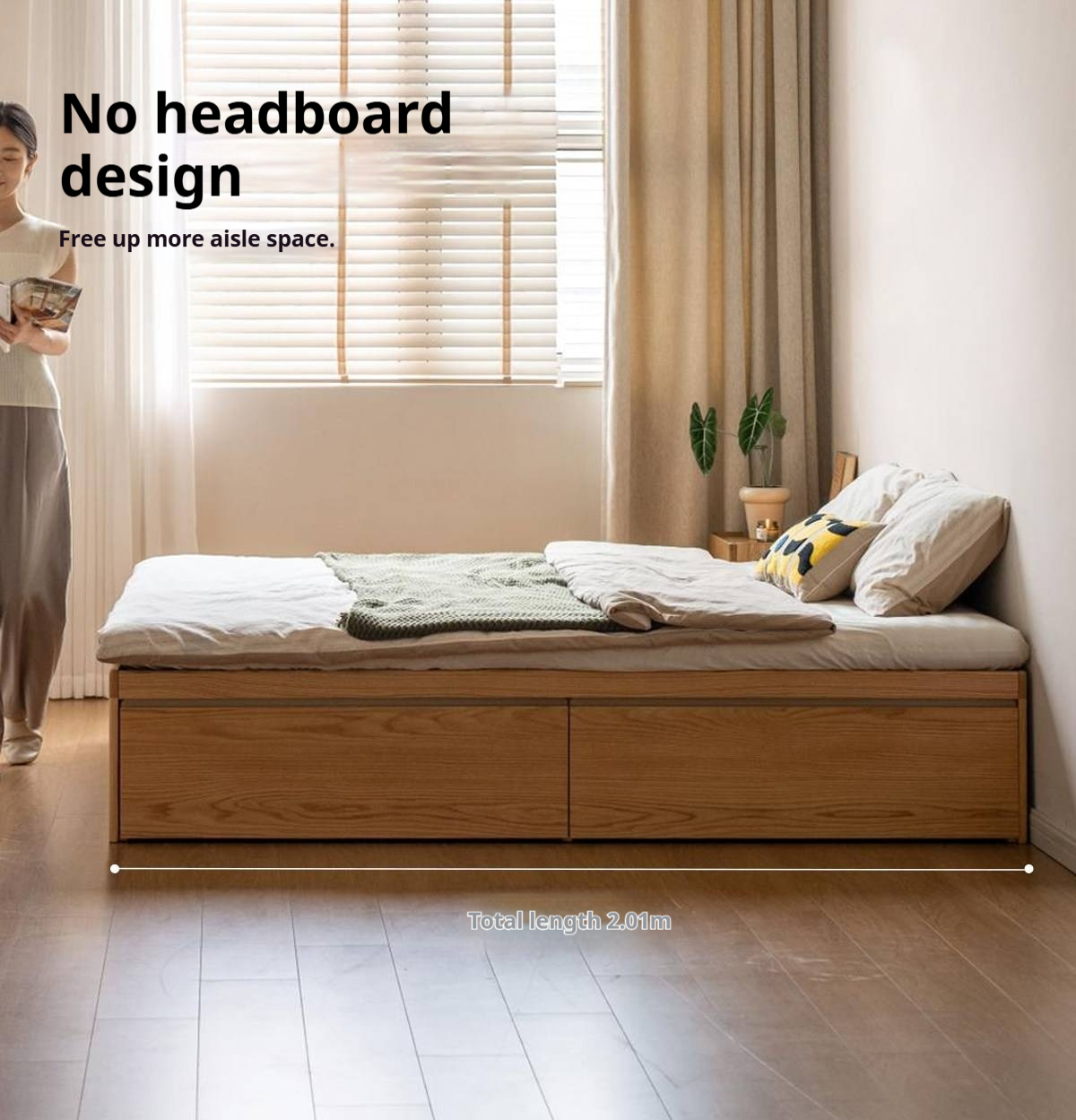 Oak Solid Wood Storage Platform Bed with Drawers, Natural Color