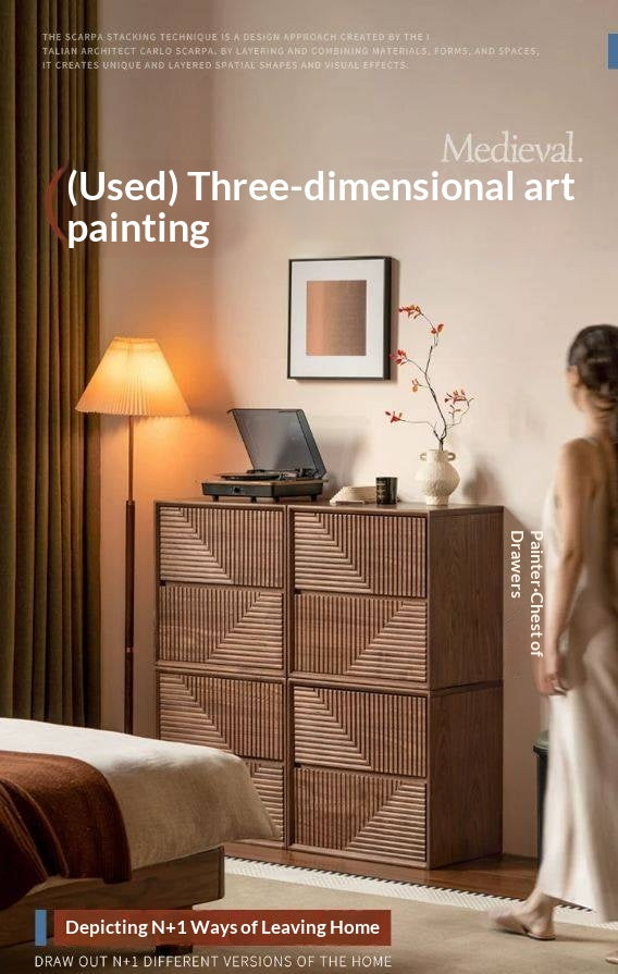 Black Walnut, Sandalwood Solid Wood Modular Storage Cabinet, Mid Century Dresser with Geometric Front Design