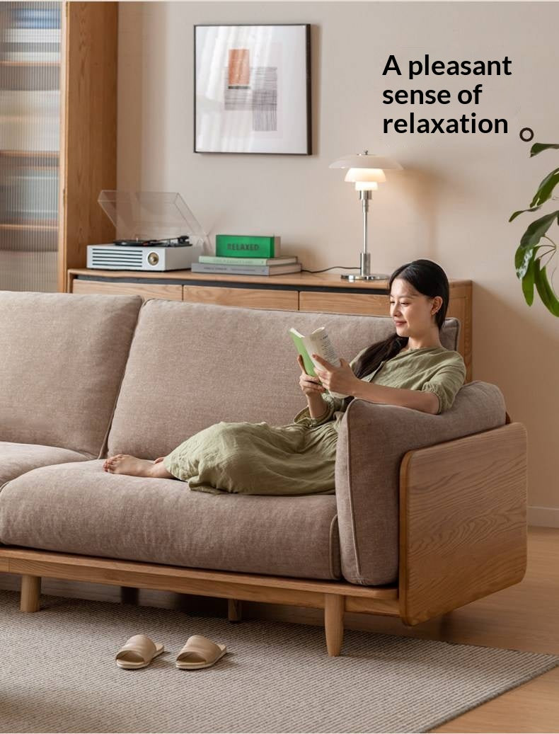 Oak, Ash Solid Wood Sofa with Exposed Wide Arms, High-Back, Genuine leather -fabric