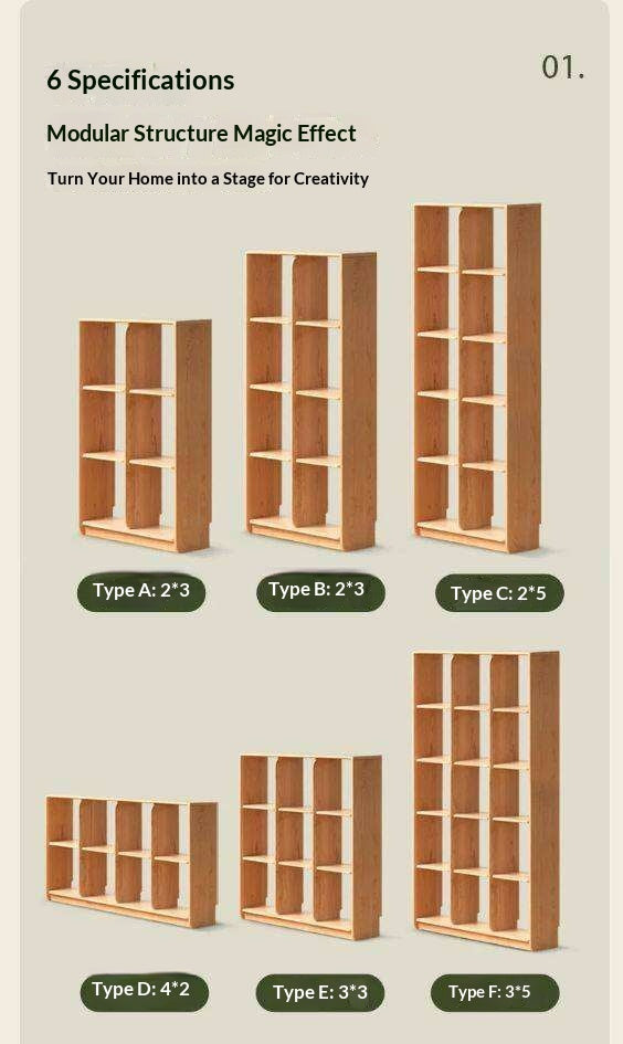 Cherry Solid Wood Freely Combinable Bookshelf with Floor-Standing Grid Design