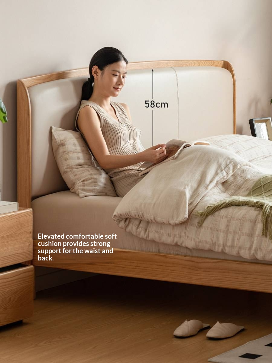 Oak Solid Wood Bed — Modern Minimalist, Genuine Leather Upholstered Bed