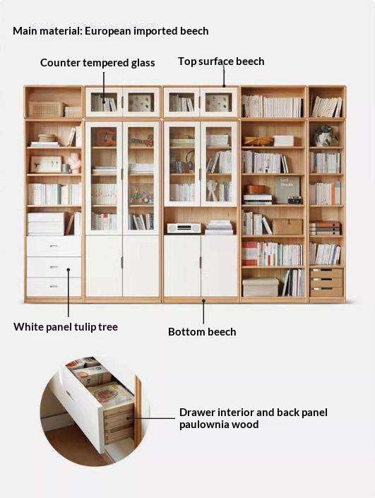 European Beech, Oak Solid Wood Floor-Standing Bookshelf with Glass Door Display