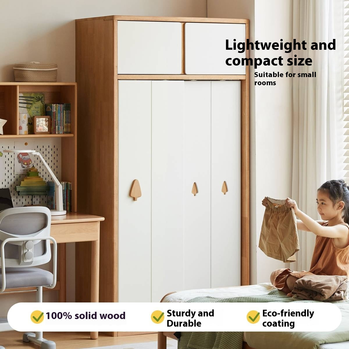 Solid Rubberwood Modern Children's Sliding Door Wardrobe