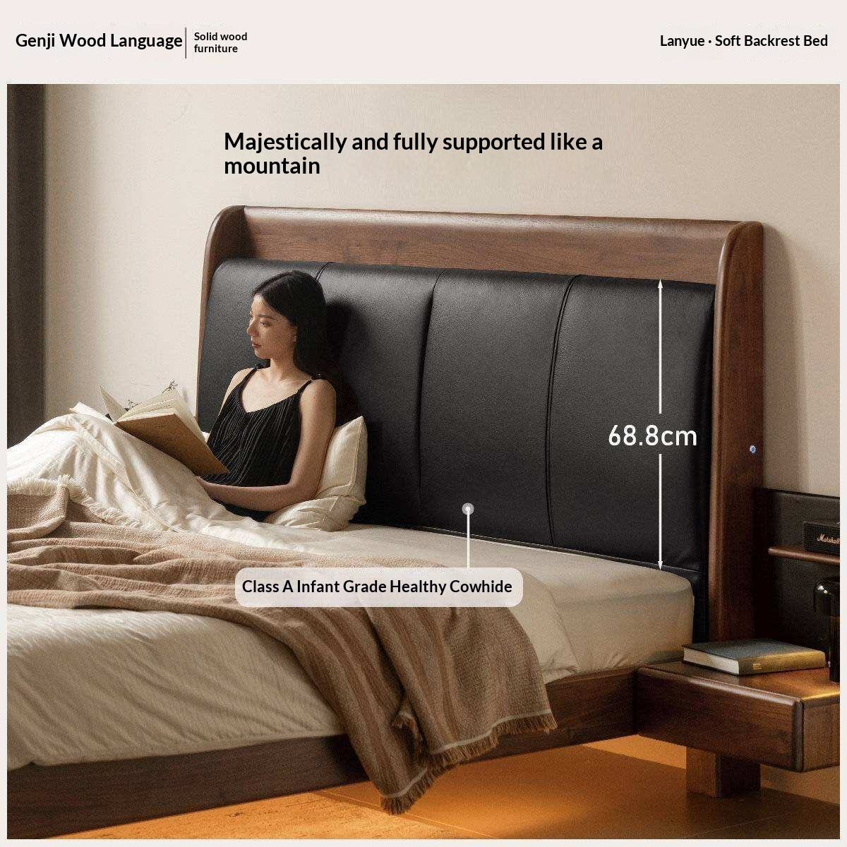 Black Walnut Solid Wood Genuine Leather Curved Leather Bed with Floating Base and LED Lighting