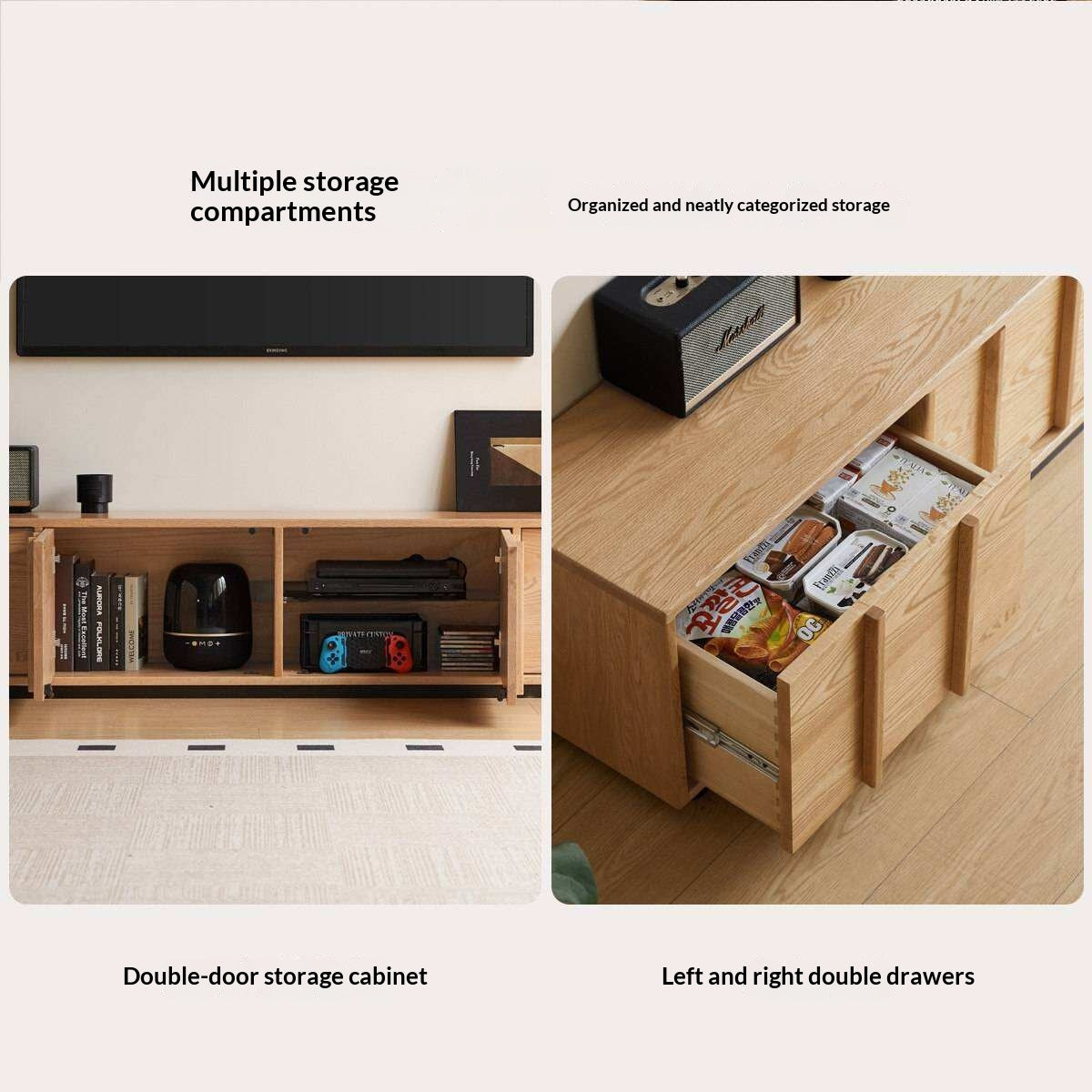 Oak Solid Wood TV Cabinet with Open Frame Storage Design
