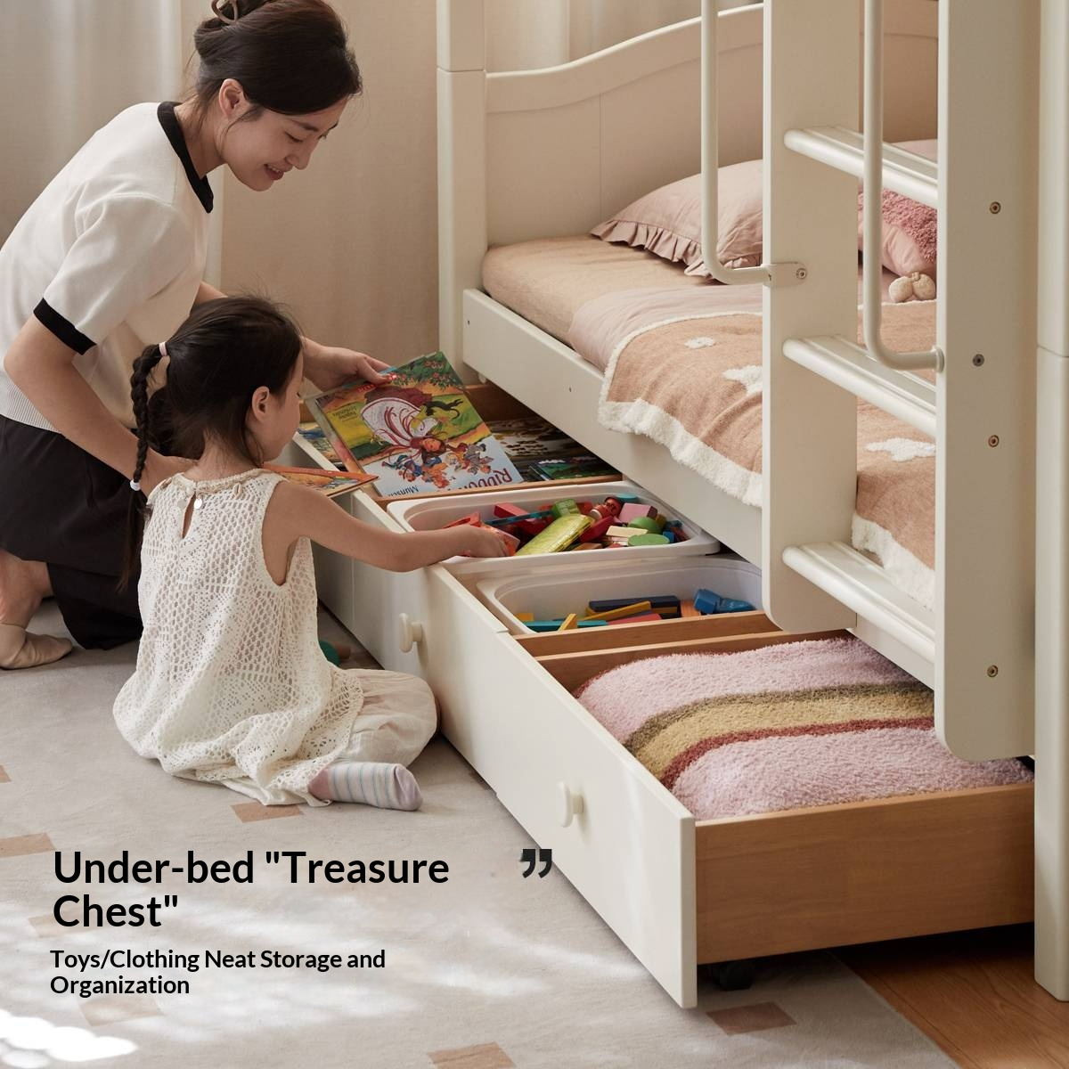 Rubberwood Solid Wood Children's White Castle Princess Bunk Bed