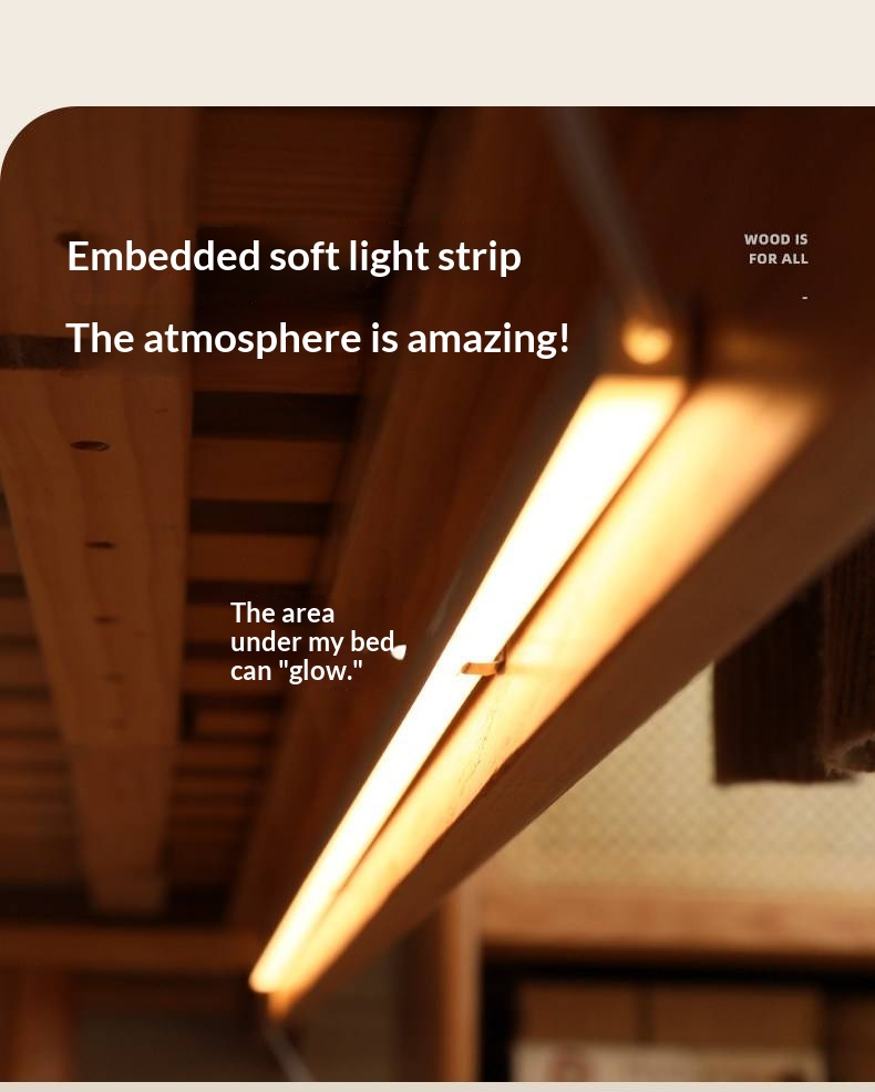 Oak Solid Wood Bed — Modern Minimalist, Genuine Leather Upholstered, Floating Design with Light