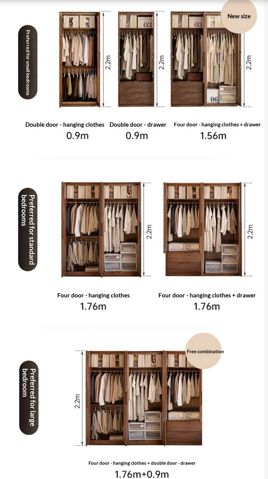 Black Walnut, Sandalwood Solid Wood Large Wardrobe