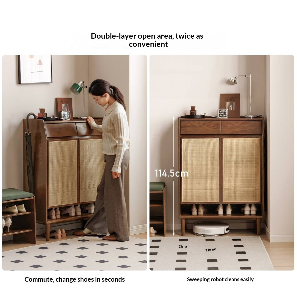Oak Solid Wood Shoe Cabinet with Rattan Storage