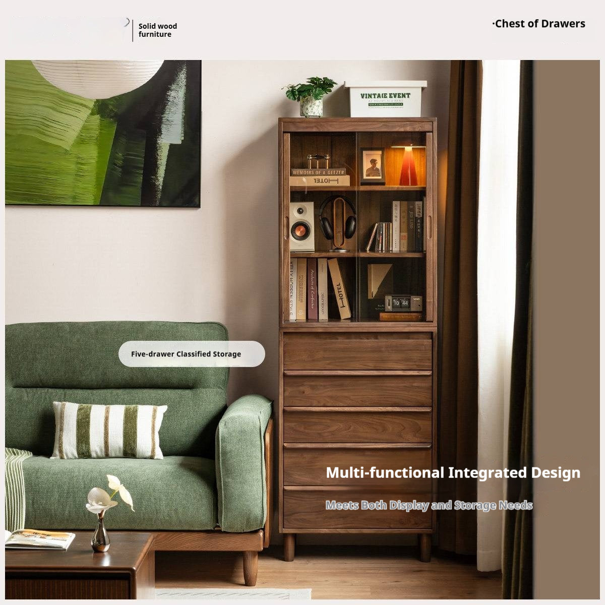 Black Walnut Solid Wood display side cabinet with drawers