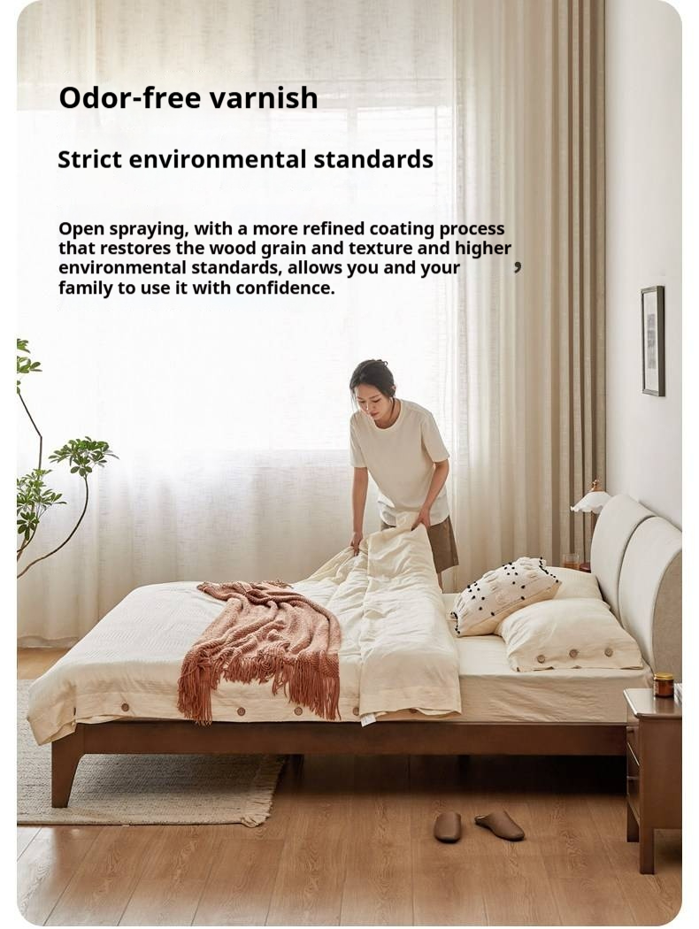 Beech Solid Wood Bed — Nordic Style, Modern Minimalist Design