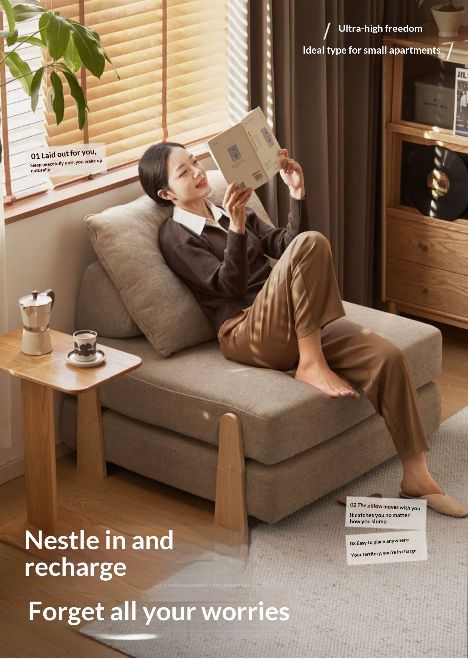 Armless Folding Sofa Bed with Wood Legs