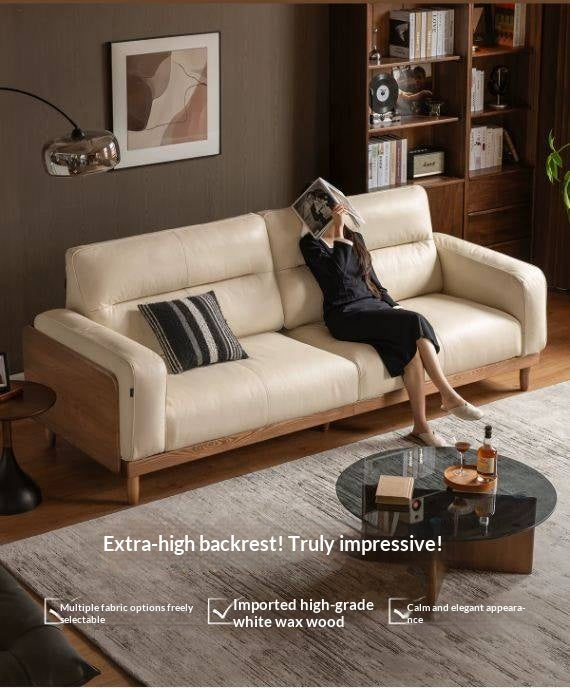 Ash Solid Wood Genuine Leather High Back Sofa
