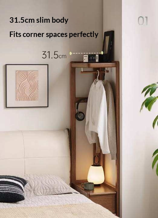 Oak Solid Wood Corner Valet Stand with Garment Rail and Storage Drawers