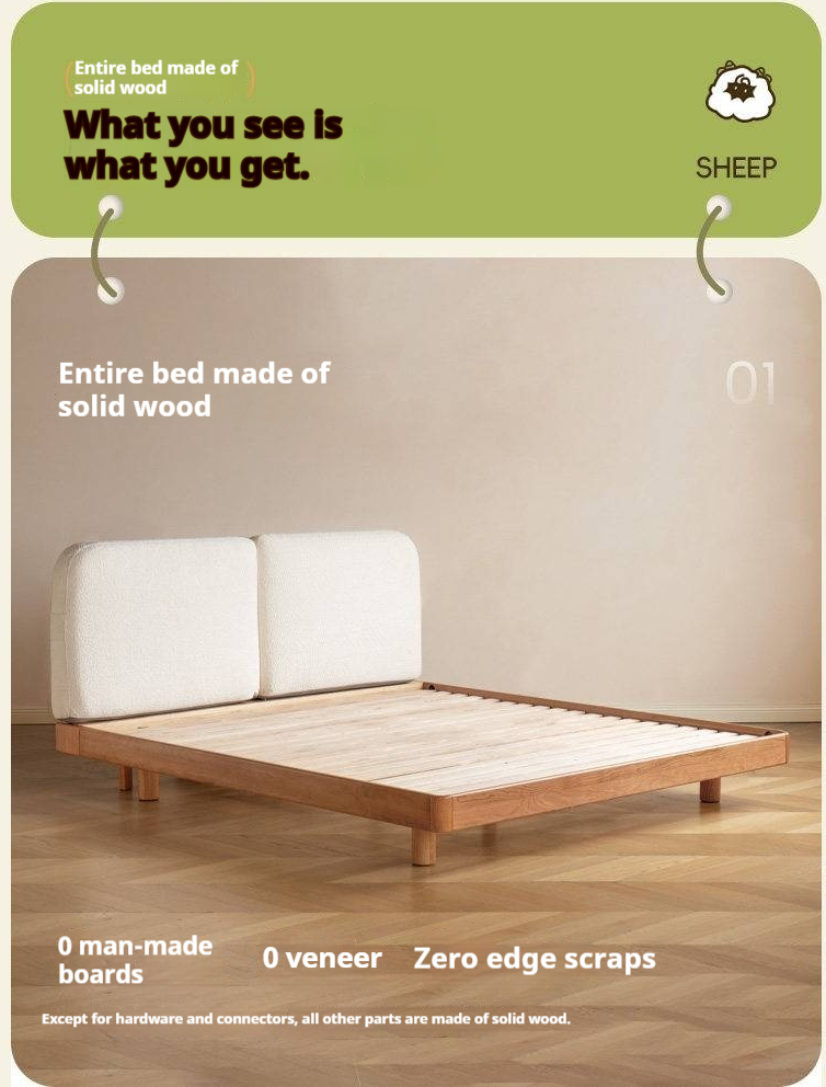 Cherry Solid Wood Upholstered Bed — Platform Bed, Headboard-Free Bed Floor Style, Simple Floating Bed
