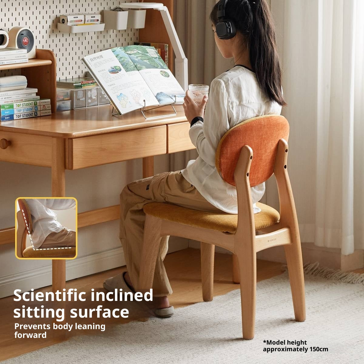 Beech Solid Wood Kids Study Chair with Oval Upholstered Back