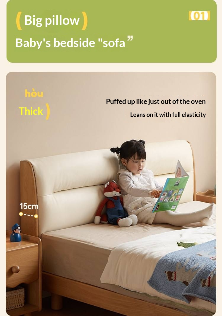 Beech Solid Wood Adjustable Height Kids Bed with Upholstered Segmented Headboard