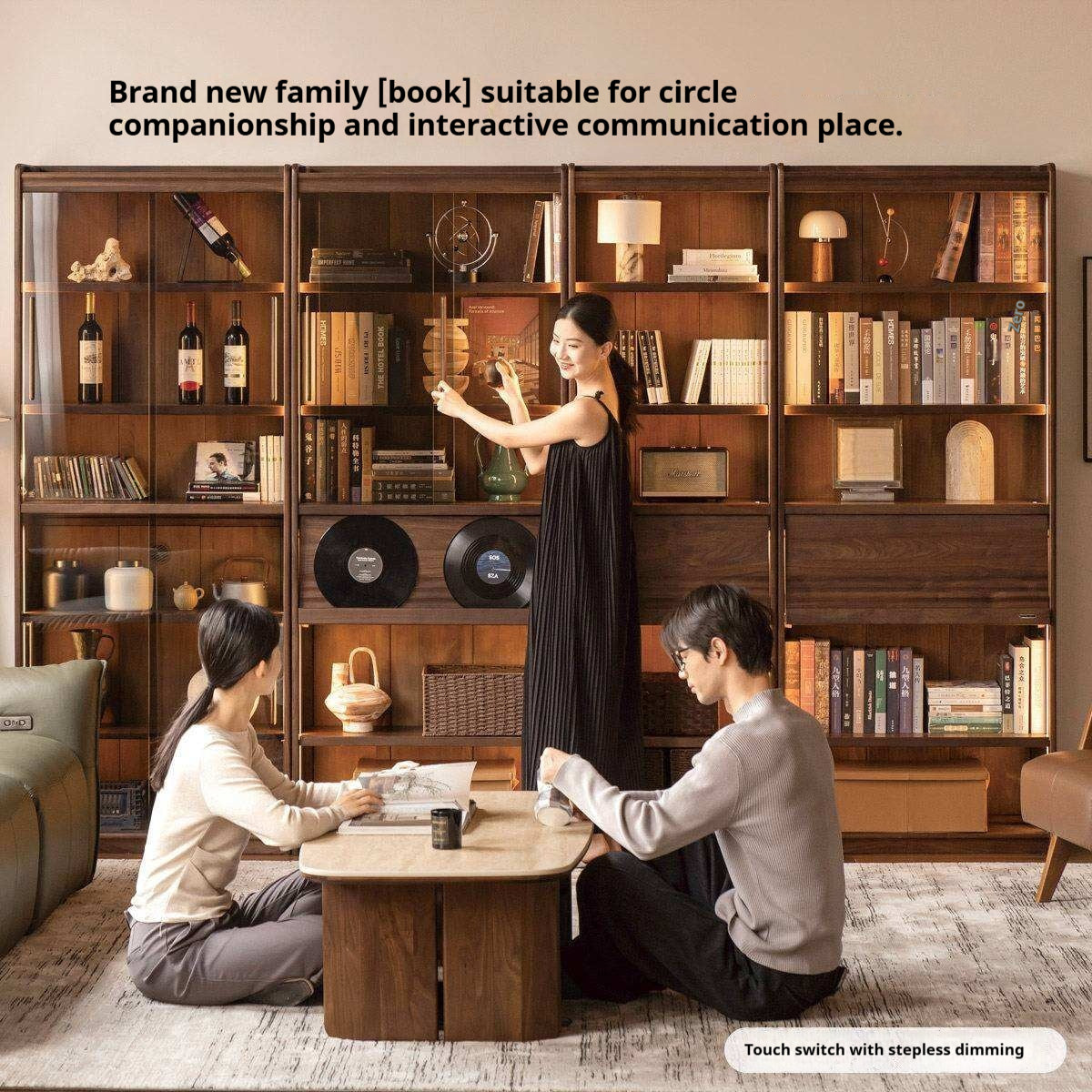 Black Walnut Solid Wood Combination Bookcase with Wall Storage and Floor Display