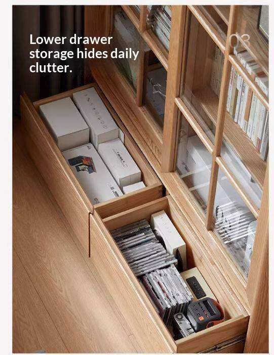 Ash Solid Wood Bookcase with Sliding Doors and Floor-to-Wall Glass Display Cabinet