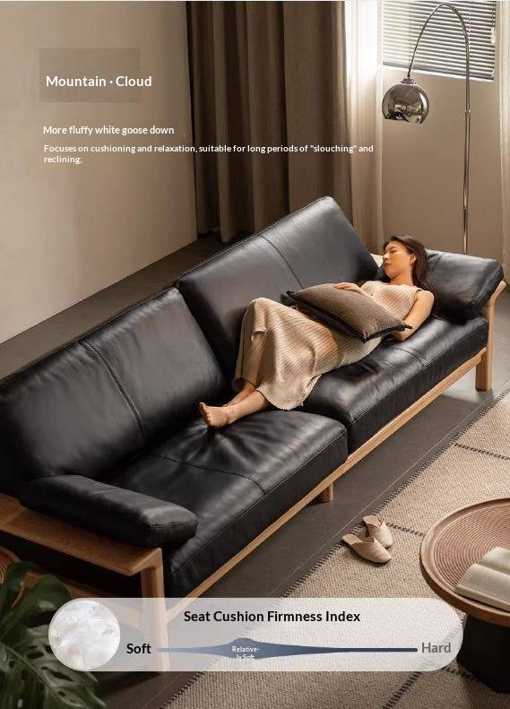 Oak, Ash Solid Wood Wabi Sabi Style Genuine Leather Sofa, fabric sofa