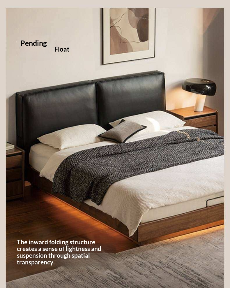 Black Walnut Solid Wood Box Bed — Italian Light Luxury, Genuine Leather Upholstered Headboard