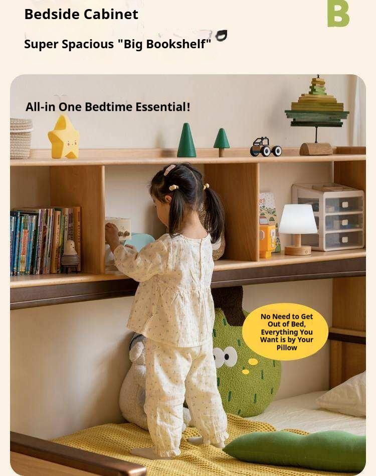 Beech Solid Wood Kids Storage Bed with Bookcase Headboard and Gas Lift Base