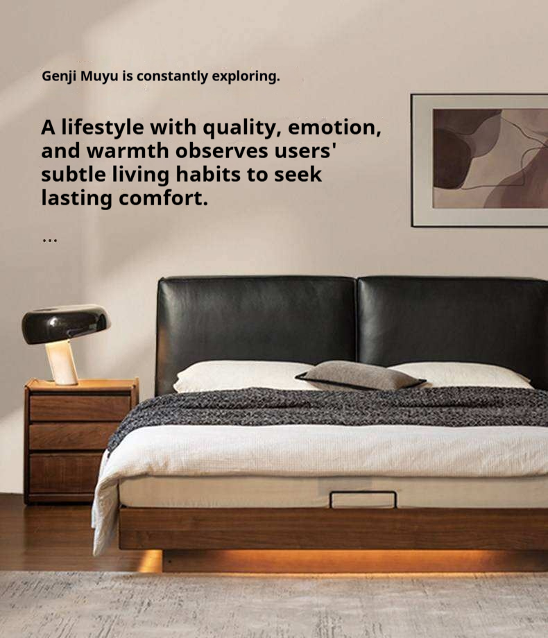 Black Walnut Solid Wood Box Bed — Italian Light Luxury, Genuine Leather Upholstered Headboard