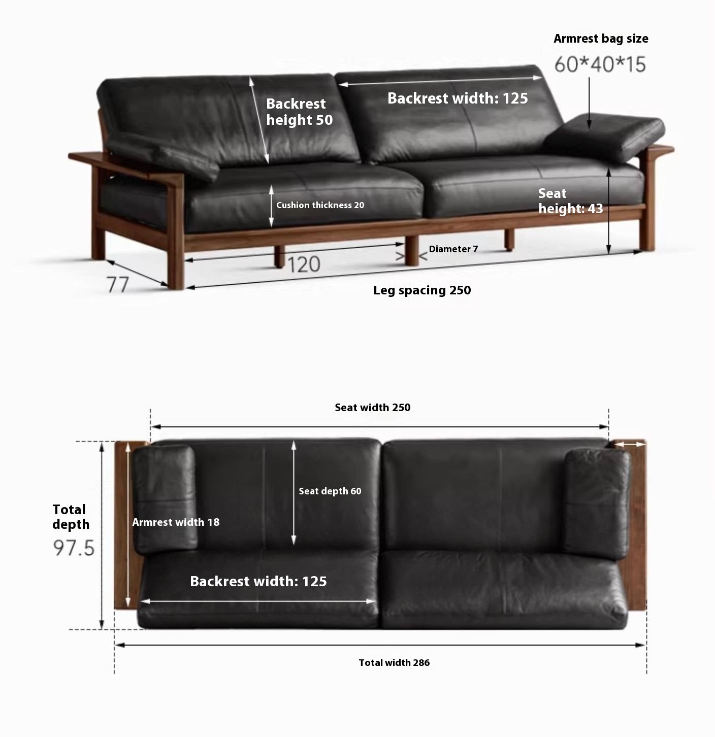 Black Walnut, Ash Solid Wood Wabi Sabi Style Genuine Leather Sofa, fabric sofa
