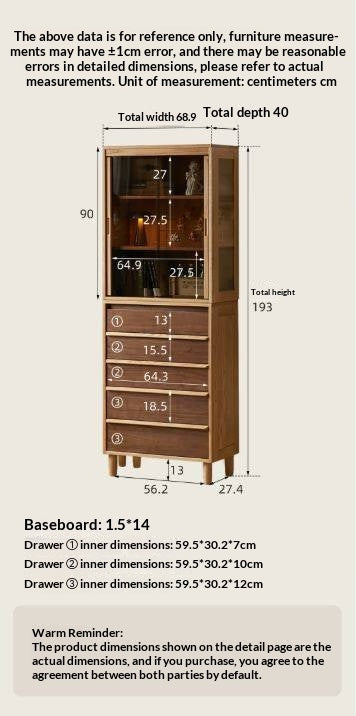 Black Walnut, Oak Solid Wood Glass Display Cabinet with Drawers
