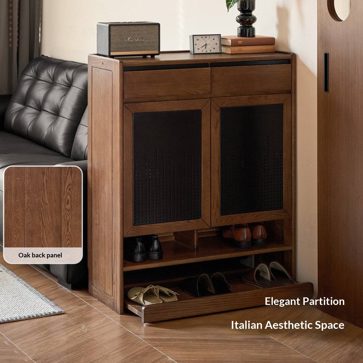 Oak Solid Wood Shoe Cabinet with Flip-Top Compartment and Perforated Metal Door