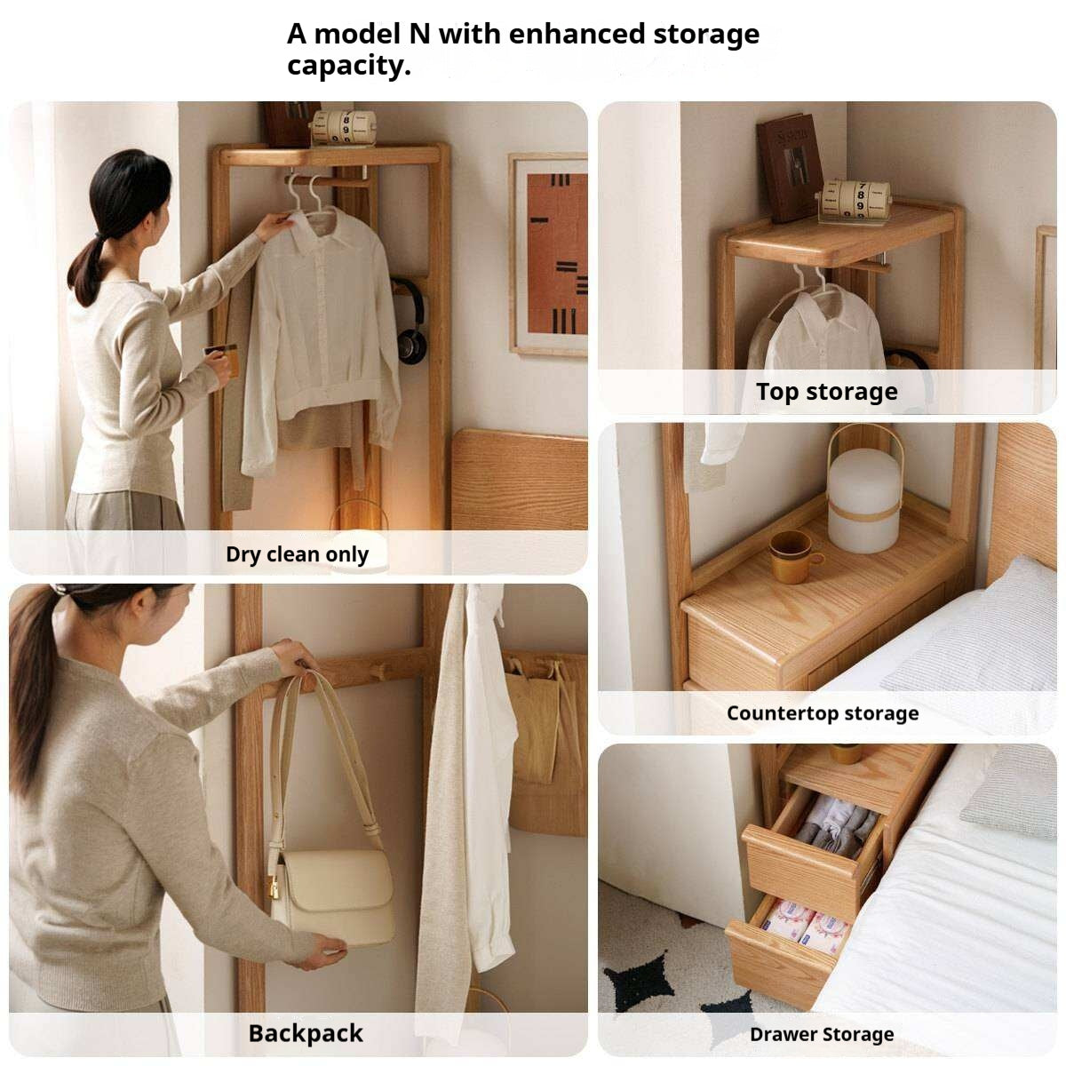 Oak Solid Wood Corner Valet Stand with Garment Rail and Storage Drawers