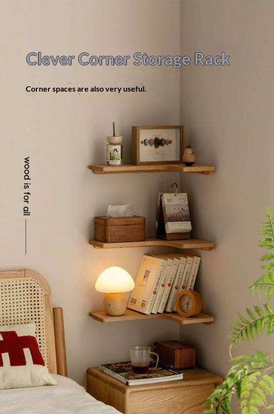 Red Oak, Cherry, Black Walnut Solid Wood Corner Hanging Storage Rack, Bookshelf