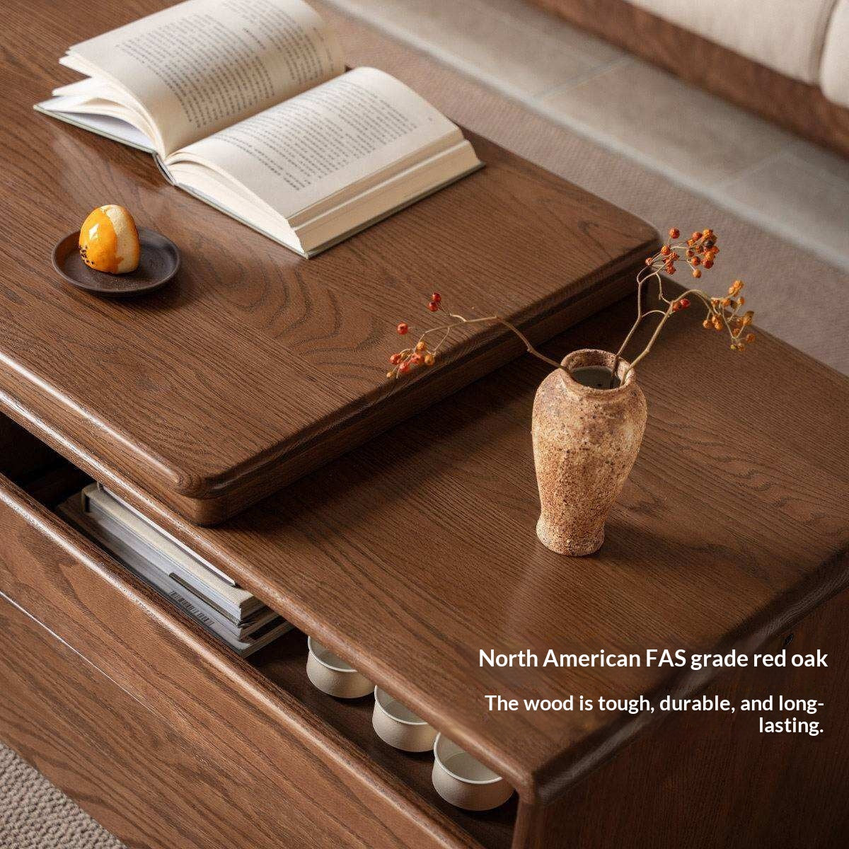 Oak Solid Wood Extendable Coffee Table with Storage