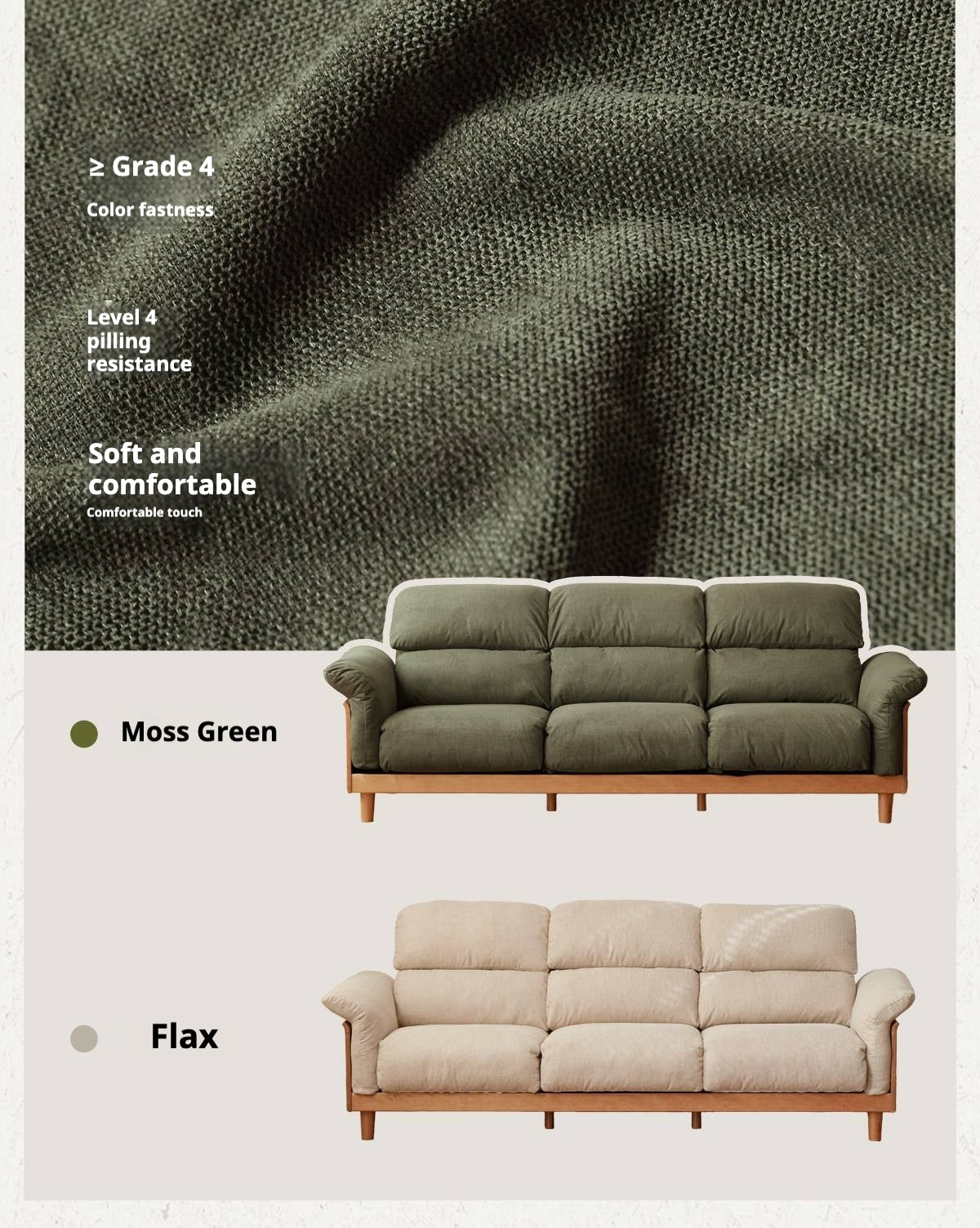 Oak Solid Wood Fabric Sofa, Couch with High Back Cushions, Durable Pet-Friendly Upholstery