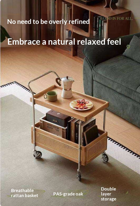 Oak Solid Wood Side Table with Double Layer Storage and Rattan Accents, Mobile