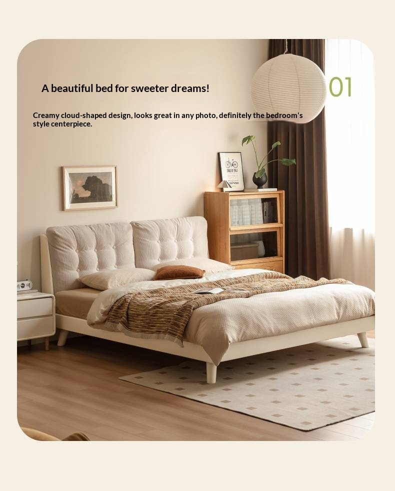 Oak, Rubberwood Solid Bed with Cream Finish — Casual Bedside with Soft Bag Backrest and White Soft Back