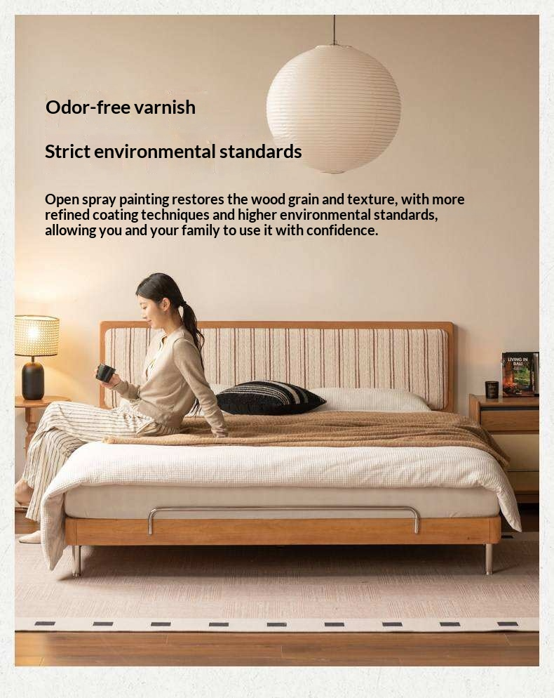 Cherry Solid Wood Bed with Modern Minimalist Design and Genuine Leather Headboard