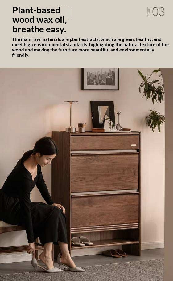 Black Walnut Solid Wood Flip Door Shoe Cabinet, Italian Style Entryway Storage Organizer