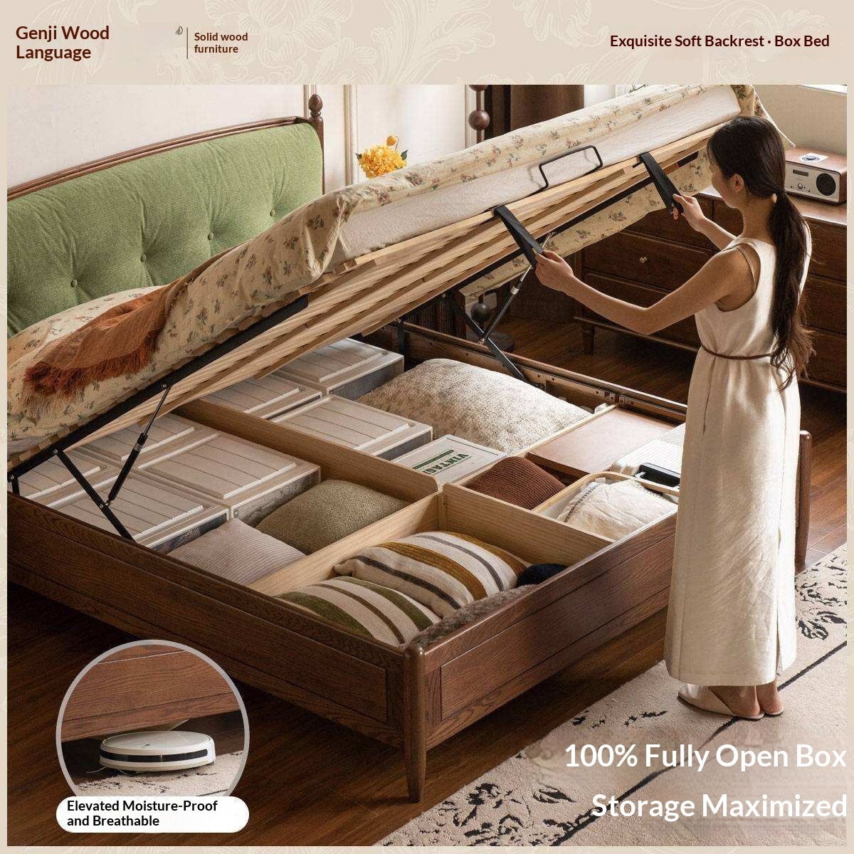 Oak Solid Wood French Country Tufted Storage Bed with Gas Lift and Turned Posts