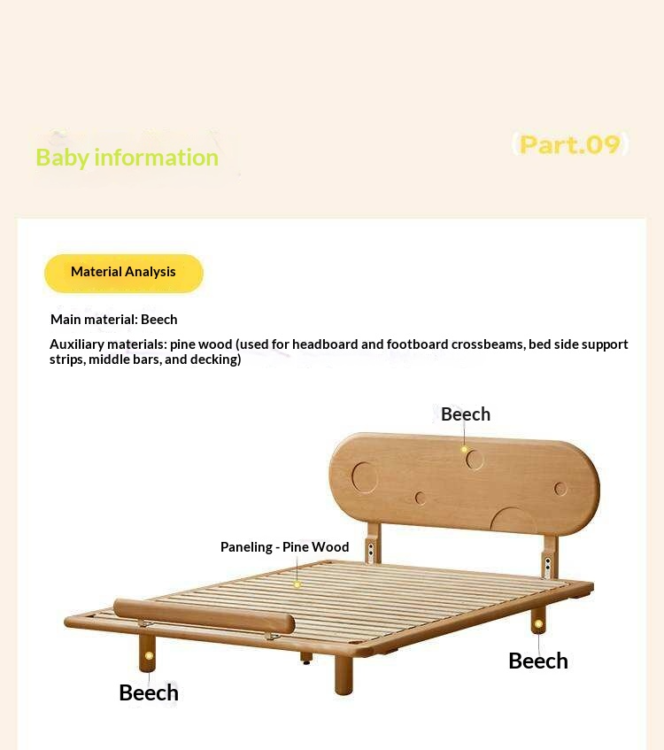 Beech Solid Wood Kids Floating Bed with Night Light and Optional Guardrails