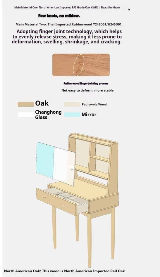 Oak Solid Wood, Solid Rubberwood Vanity Table Hidden Makeup Mirror.