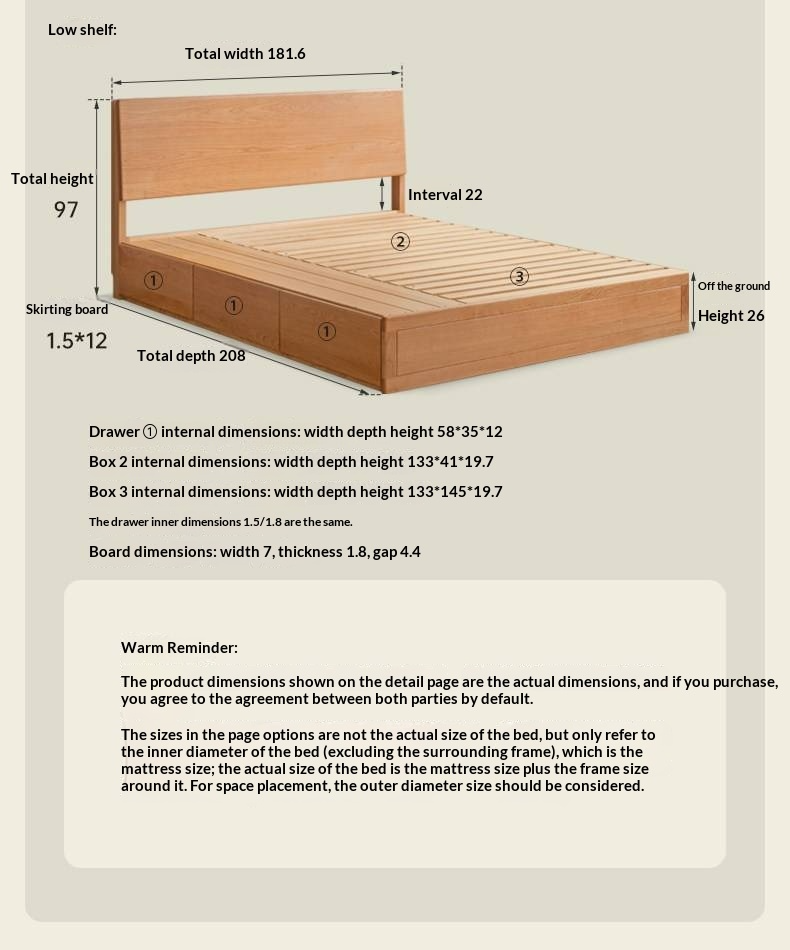 Cherry Solid Wood Storage Bed with Side Storage Drawers