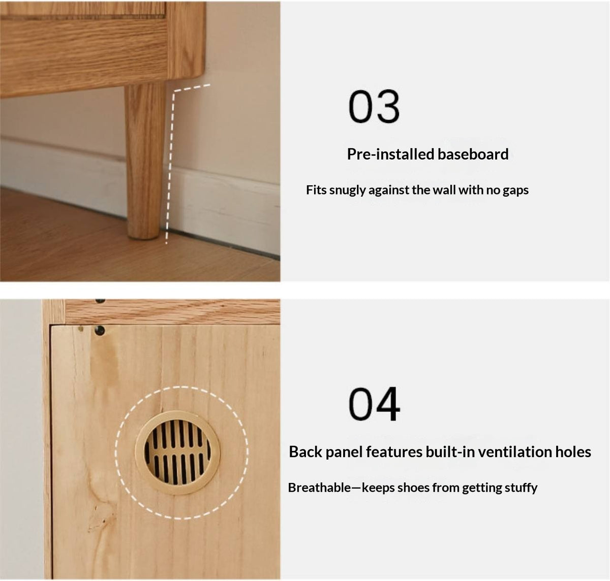 Oak Solid Wood Louvered Door Shoe Cabinet with Open Shelf for Entryway