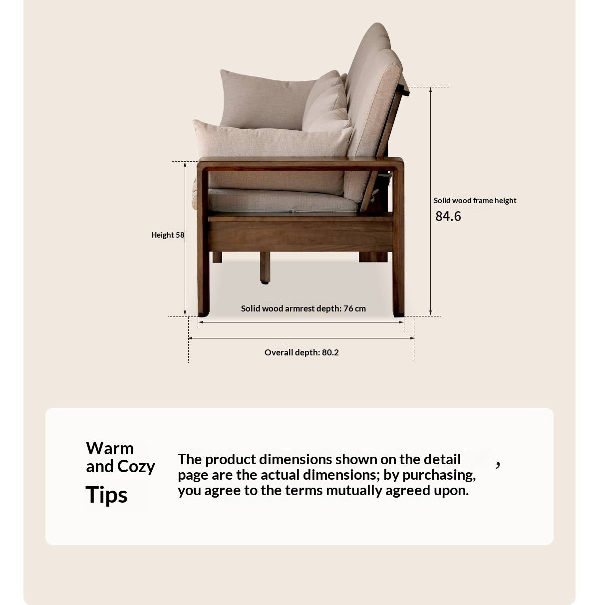 Black Walnut, Sandalwood Solid Wood Fabric Sofa with Raised Legs, Winter/Summer Use