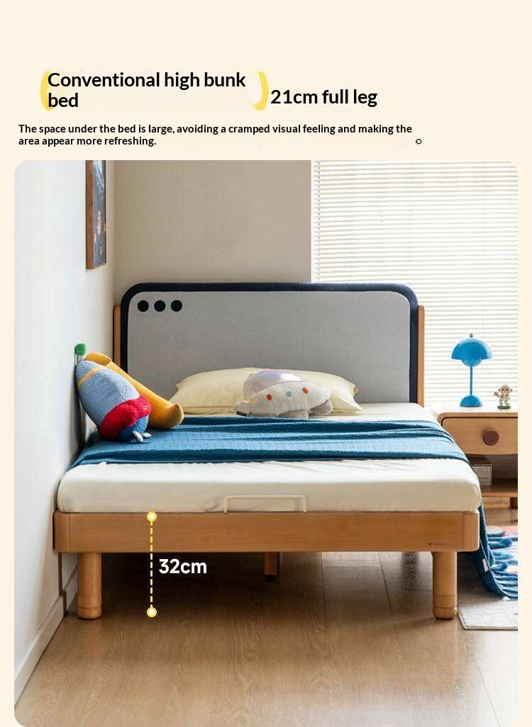 Beech Solid Wood Kids Montessori Platform Bed with Upholstered Headboard